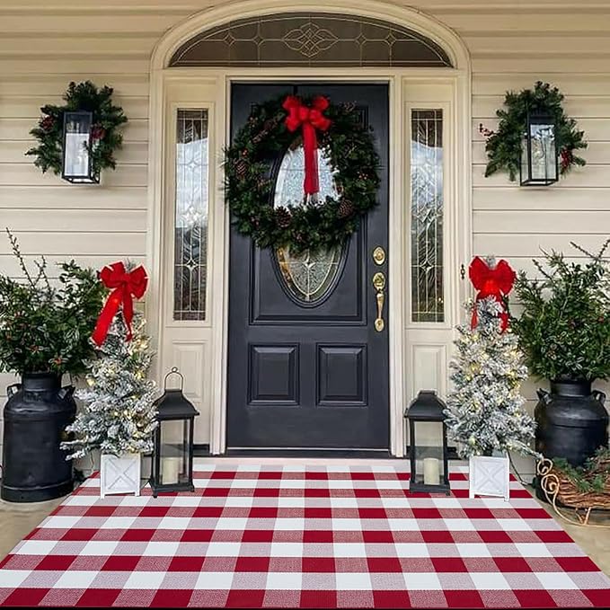 Christmas Outdoor Mat Buffalo Plaid Christmas Decor Rug Cotton Hand-Woven Layered Door Mats Washable Carpet for Front Porch, Kitchen, Farmhouse, Entryway