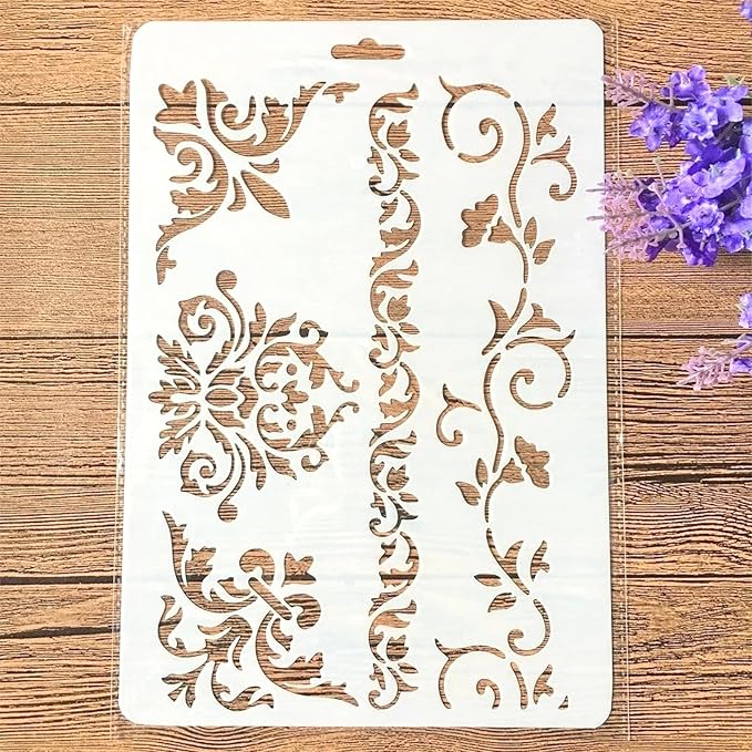 TIAMECH A4 Reusable Floral Edge Line Stencil for Painting - Palace Flower Layering Template, DIY Wall Art, Wood Furniture, Scrapbook & Crafts (8.3x11.7inch)