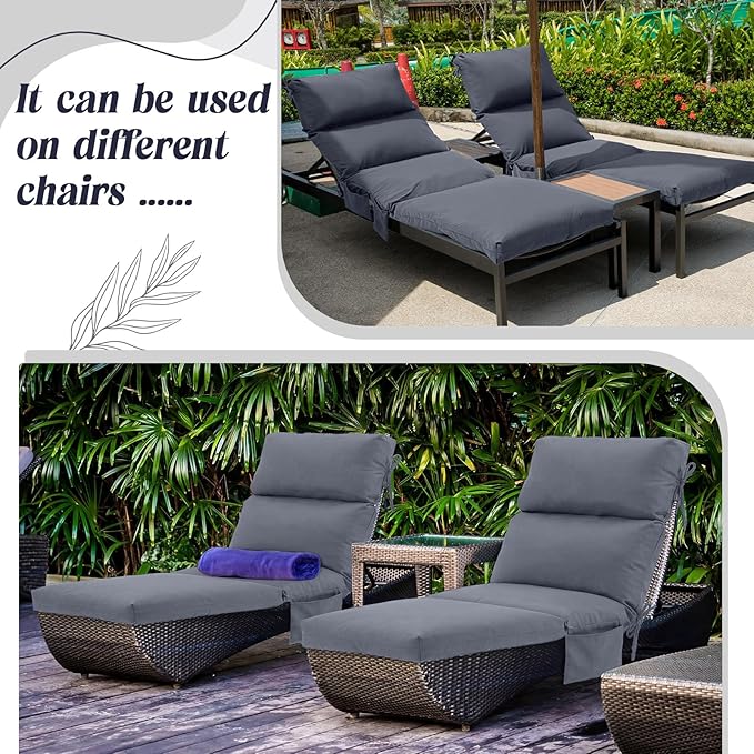 Kigley 2 Pcs Chaise Lounge Cushions, 77.9 x 20.5 x 4.7 Inch Outdoor Lounge Chair Cushions with Pocket, Thick Tufted Patio Recliner Replacement with Ties, Fade Resistant for Pool Furniture (Dark Gray)
