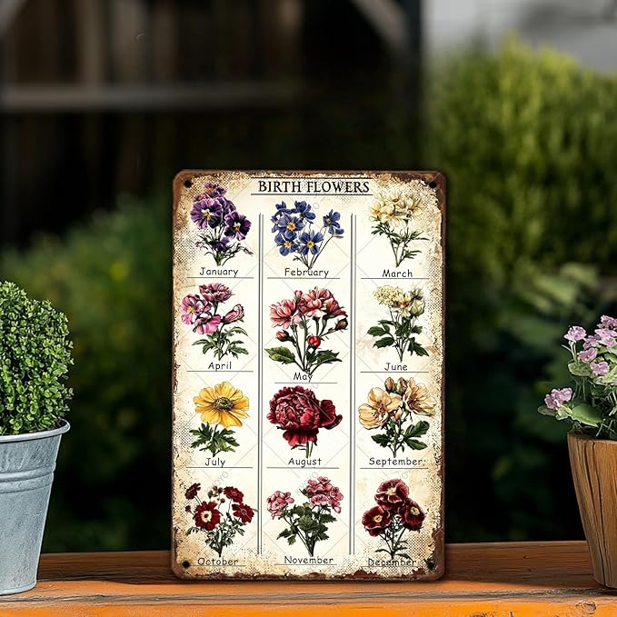 Garden Gifts Vintage Gardening Signs Mom Grandma Birth Month Flower Tin Sign for Home Garden Greenhouse Living Room Bedroom Yard Cottage Outdoor Decor 12x8 Inch