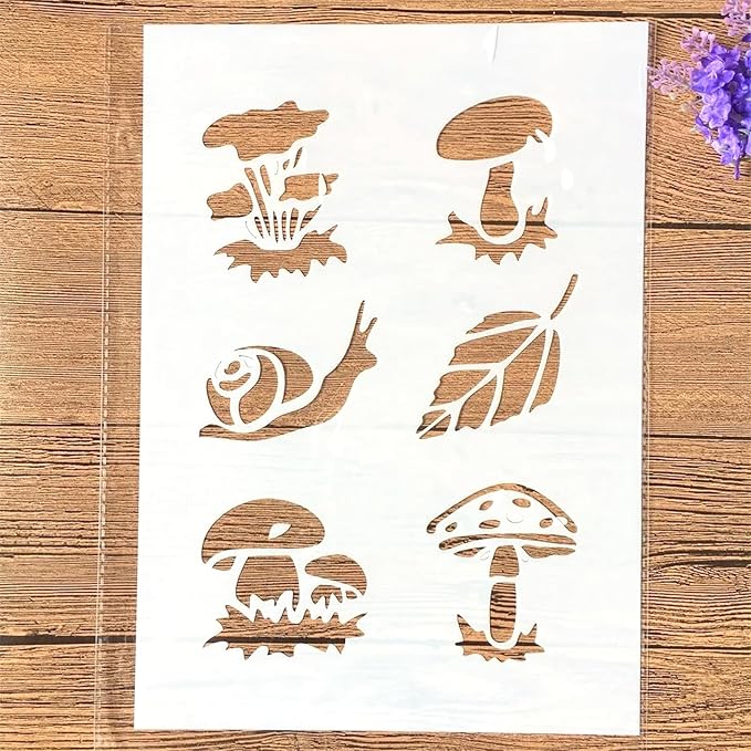 TIAMECH A4 Reusable Snail Mushroom Stencil for Painting - Leaf Layering Template, DIY Wall Art, Wood Furniture, Scrapbook & Crafts (8.3x11.7inch)