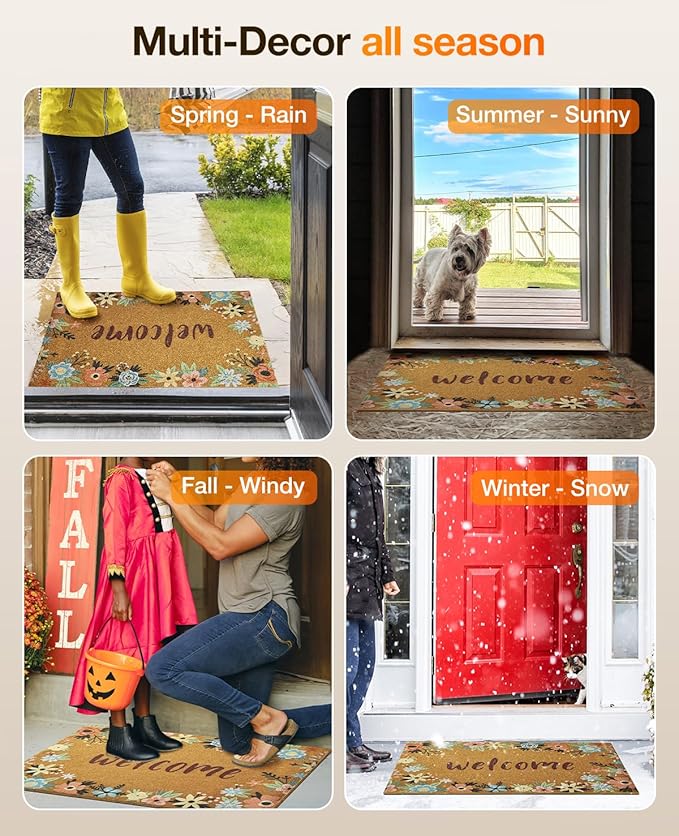 Door Mat Welcome Outdoor Mat: Artificial Coir Doormat for Outdoor Outside Indoor Entrance - Front Door Mats Non-Slip Backing Washable Fall Mat for Home Porch Entry (Floral Welcome Matt, 17"x 30")