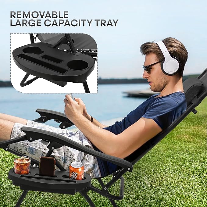 Athena Collection Zero Gravity Chair, Outdoor Lounge Chair with Adjustable Pillow and Cup Holder, Reclining Camping Chair for Outside Beach Lawn Garden Patio Poolside - Black