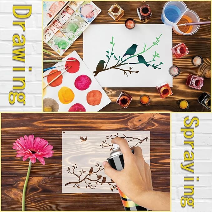 Birds Stencils for Painting on Wood Crafts - Reusable Hummingbird on Tree Branch & Owl Paint Stencil for Card Making, Wall, Fabric, Shirt, Furniture(12 Bird A6)