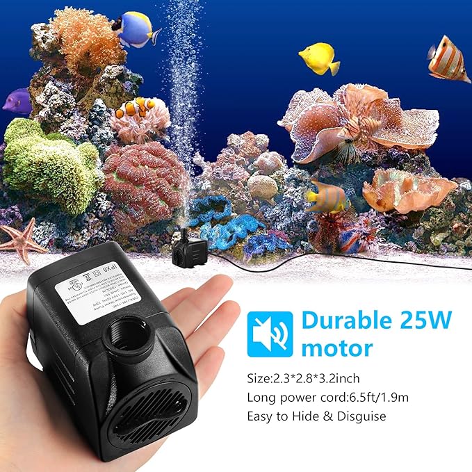 Fountain Pump, 400GPH Submersible , Durable 25W Outdoor Water Pump with 6.5ft Power Cord, 3 Nozzles for Aquarium, Pond, Fish Tank, Water Pump Hydroponics, Backyard Fountain