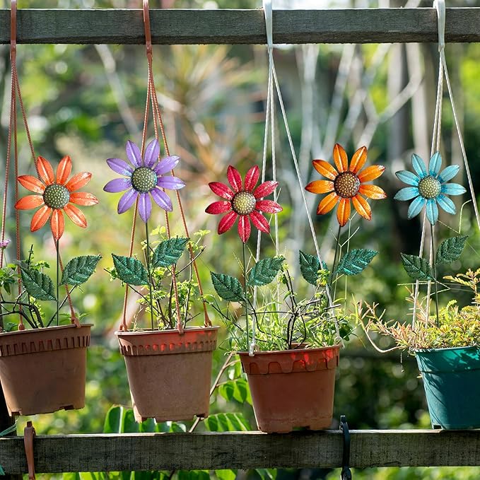 Metal Flowers for Outside,5 Pack 16.15" Decorative Garden Stakes with Swaying Flowers Head Yard Art,Spring Garden Decor for Lawn, Pathway & Yard