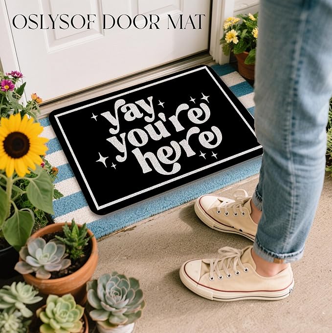 Funny Black Door Mat, Yay You're Here Doormat for Front Door Indoor Outdoor Porch Entrance Entryway, Funny Welcome Mat Outside, 17x30 Inch