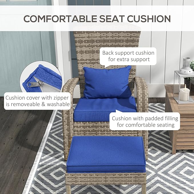 Outsunny Patio Wicker Adirondack Chair with Ottoman, Outdoor Fire Pit Chair with Cushions, High-Back, Large Seat & Armrests for Deck, Garden & Backyard, Dark Blue