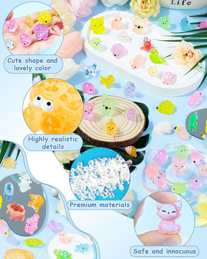 FIVEIZERO 100PCS Luminous Mini Resin Terrestrial Animals Bulk - 20 Styles Glow in The Dark Plastic Tiny Land Animal Figures for Dollhouse, Fairy Garden, Aquarium, Party Favors & DIY Craft Decor