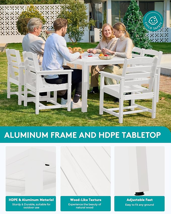 SERWALL 5-Piece Outdoor Table and Chairs, 60" - 83" Expandable Outdoor Dining Table with Aluminum Frame & HDPE Tabletop, All Weather HDPE Patio Furniture Set for Backyard, Garden, White