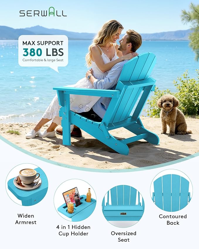 SERWALL Folding Adirondack Chair Set of 4, Outdoor Adirondack Chairs with 4 in 1 Cup Holder, Wood Texture Patio Chairs, Weather Resistant Fire Pit Chairs for Patio Deck Garden, Backyard - Aruba Blue