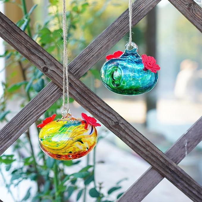 Pack 2 Blown Glass Hummingbird Feeders for Outdoors 3inch Small Glass Humming Bird Feeder for Window Hanging Ant and Bee Proof Humming Birds Feeders Decor for Garden Outside