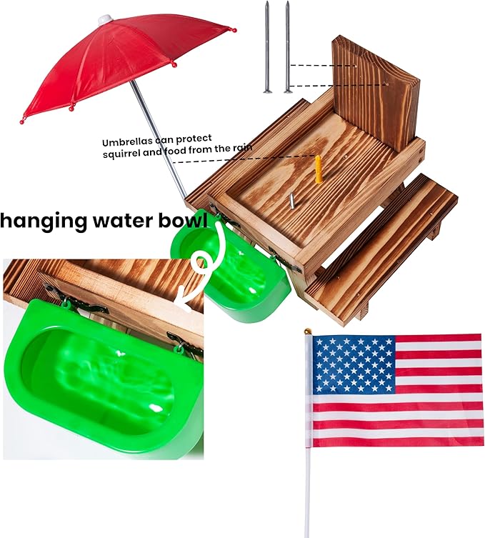 Squirrel Feeder Picnic Table with Water Bowl, Squirrel Feeders for Outside with Umbrella, Brown Squirrel Feeder with Corn Cob Holder Cute Chipmunk Feeder for Yard and Porch Decoration