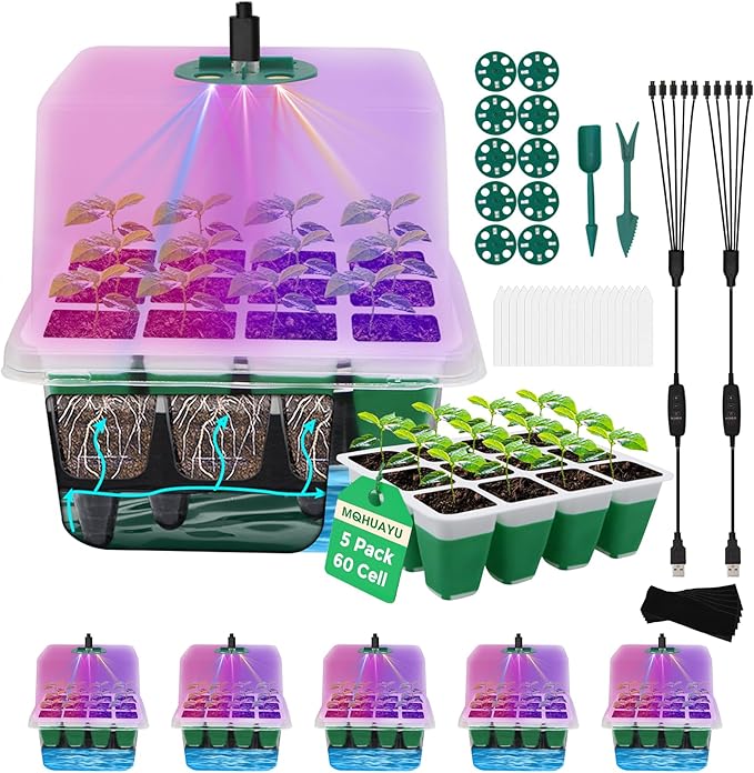 60-Cell Self Watering Seed Starter Tray with Grow Light, 5-Pack Reusable Seed Starter Kit with Soft Silicone, Plant Germination Trays with Humidity Dome for Seeding Planting Growing