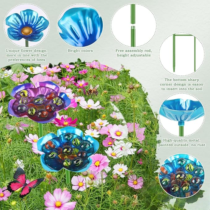 4 Pack Bee Watering Station, Metal Bee Feeder Cups with Colorful Flower Design,Butterfly Bee Bath Bowl for Outdoor Garden Yard Decor (Green, Blue, Yellow, Purple)