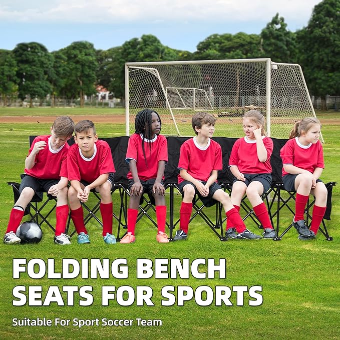 G GOOD GAIN Portable Soccer Bench - Team Bench Soccer 6 Seats with Bag, Sideline Folding Bench, Folded Chair Seating 6 for Football Camp Outdoor Sport Events, Team Chairs for Adults, Black