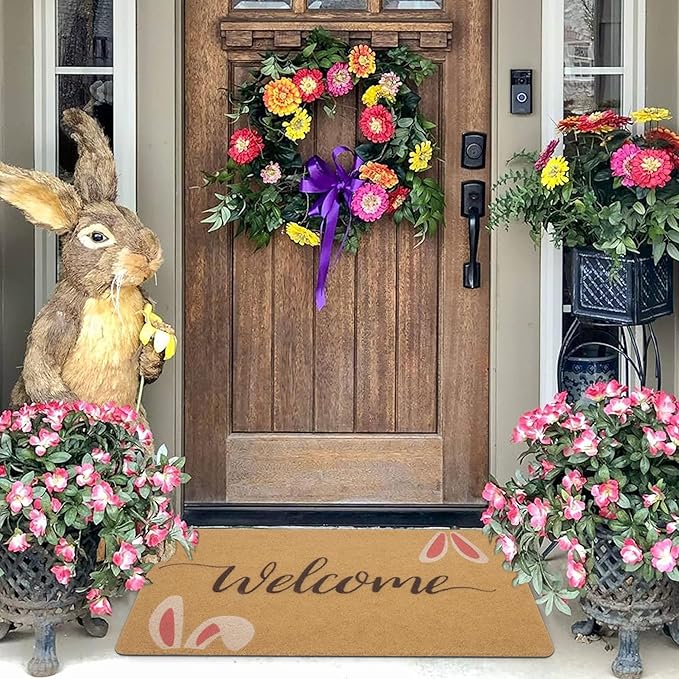 Easter-Decorative-Welcome-Doormat Outdoor-Entrance Easter Bunny Door Mat Non Slip Coir Front Door Mats for Spring Home Decor 17" x 29"