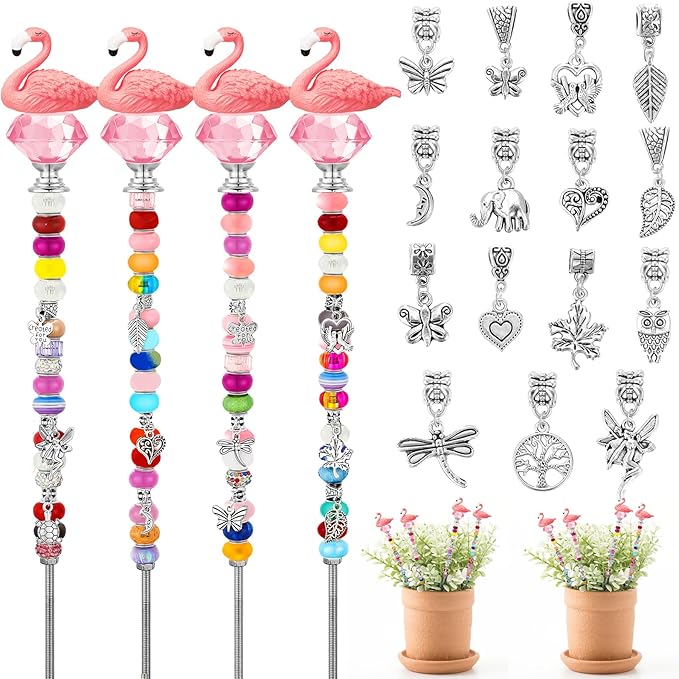 Lineshading 95 Pcs Flamingo Decorative DIY Beaded Garden Stakes Kit Fairy Wand Garden Stake Beads Kits for Plant Stakes Toppers Jeweled Ornament DIY Craft Supplies