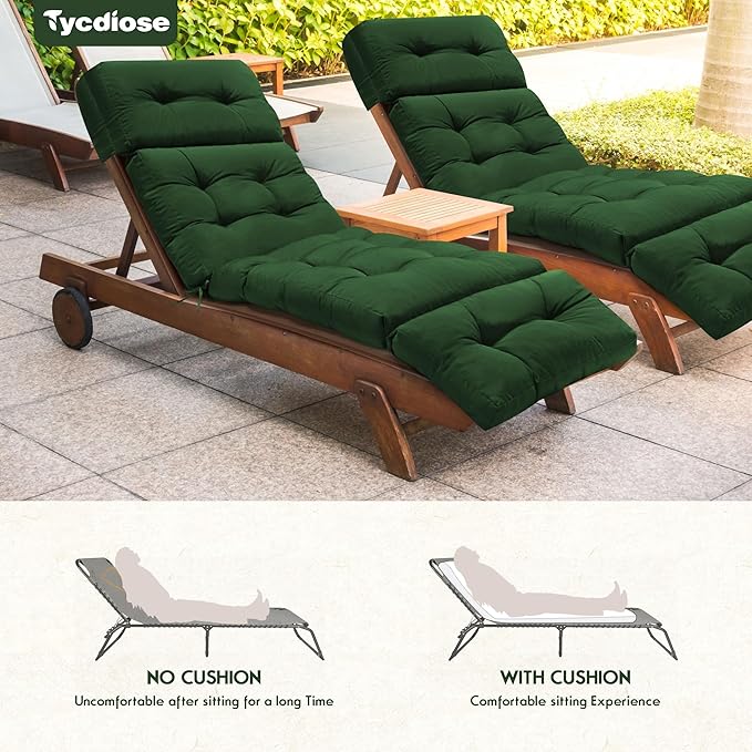 Outdoor Chaise Lounge Chair Cushion Set of 4, Thickened 74.4 x 22 x 4.7 Inches Memory Foam Waterproof Lounge Chair Cushions Replacement for Outdoor Furniture with Ties, Green