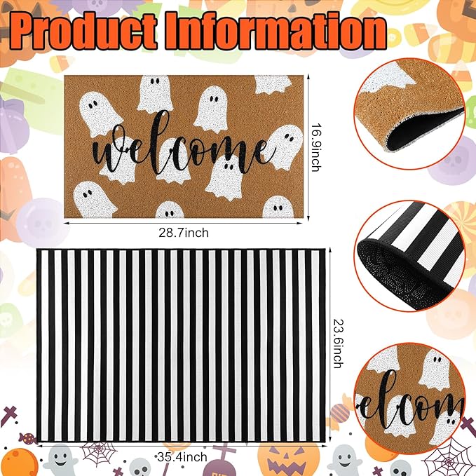 Tinideya 2 Pcs Halloween Welcome Door Mat Ghost Outdoor Welcome Mats for Front Door Non Slip Cute Ghost Coir Floor Mat Black White Stripe Halloween Rug for Outside Front Porch Entryway Decor