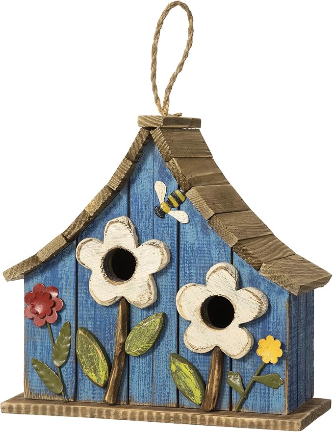 Glitzhome Hanging Birdhouses for Outdoors, 10.75" L Distressed Solid Wood Birdhouse Bird Nesting Box with 3D Flowers Rustic Hand-Painted Bird Houses for Outside