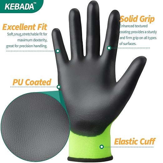 Kebada W1 Work Gloves for Men and Women, Touchscreen PU Coated Gloves with Grip, 50 Pairs Bulk Pack, Ideal for Warehouse Package Handling, Construction, Gardening, Green X-Small