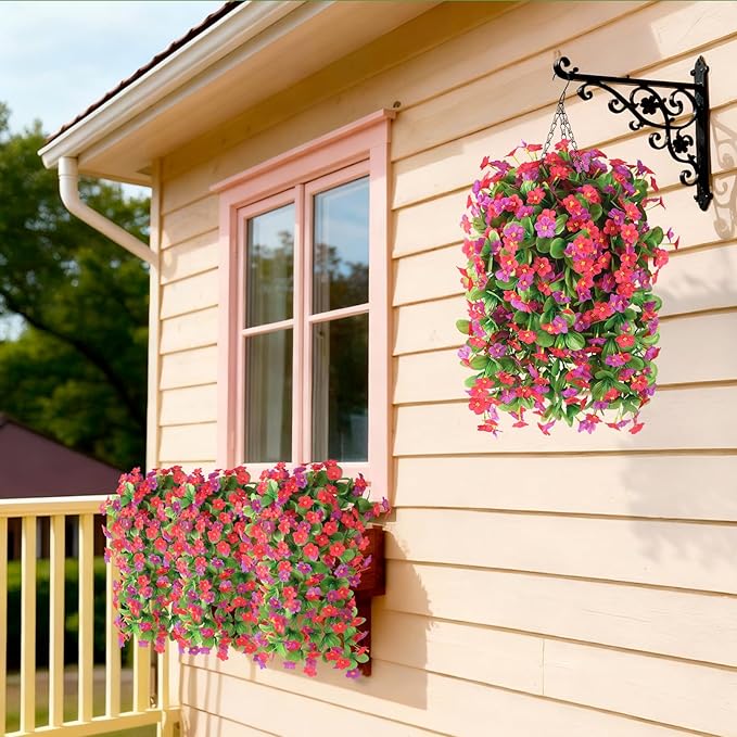 Artificial Fake Hanging Flowers for Outdoors, 2 Pcs Artificial Hanging Plants Outdoors Spring Summer Decor, UV Resistant Faux Violet Silk Flowers for Planters Front Door Yard Garden(Pink Rose Red)