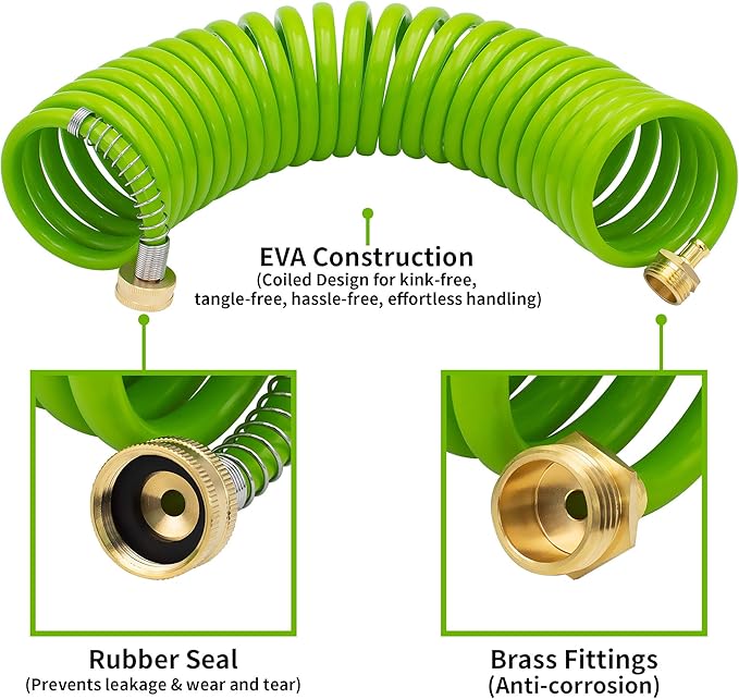 AUTOMAN EVA Recoil Garden Hose 25ft - Includes 7 Pattern Spray Nozzle,Curly Water Hose 25 Foot,Watering Hose Coil,Retractable,Corrosion Resistant Garden Coil Hose.Green