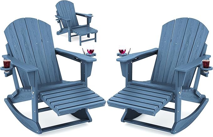 KINGYES Adirondack Rocking Chair Set of 2 with Retractable Ottoman and Cup Holders, HDPE Adirondack Rocker Patio Rocking Chair for Porch, Patio, Balcony, Deep Blue