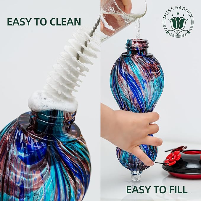 Hummingbird Feeder for Outdoors Hanging, Hand Blown Glass 24 OZ Capacity Hummingbird Bird Nectar Feeders with 4 Feeding Ports, Gifts for Women Mom Outside Garden Backyard Decor