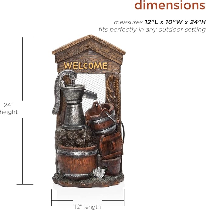 Alpine Corporation ZEN576S Outdoor Rustic Design Water Pump and Barrel Floor Fountain - Welcome Sign, 24 Inch Tall, Brown