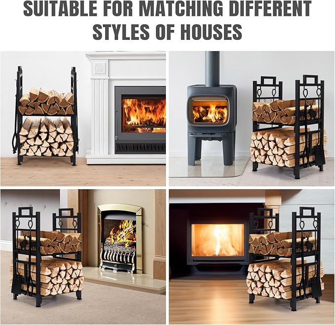 INNO STAGE Firewood Rack Fireplce Firepit Tools Set Double Layer Iron Wood Log Holder for Fire Place Outdoor Indoor Accessories-Brush, Shovel, Tong, Hook