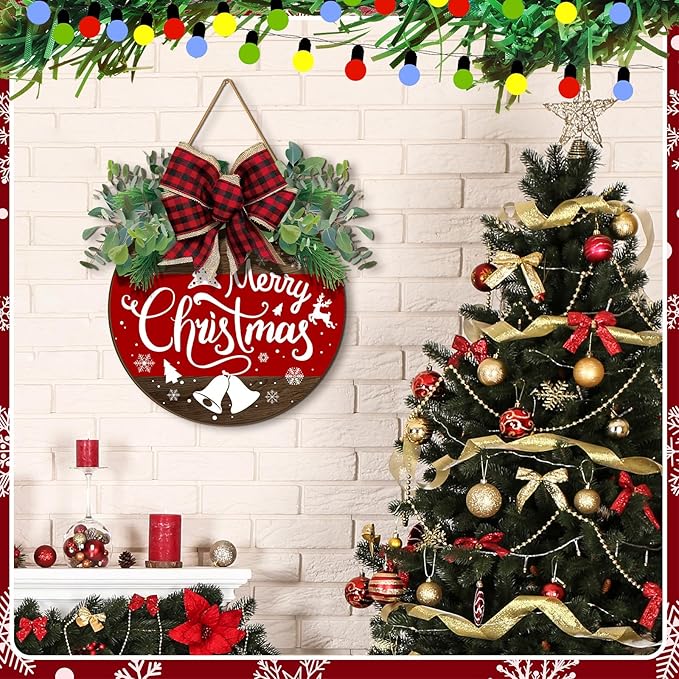 Boao Christmas Door Decorations Wooden Merry Christmas Welcome Front Door Sign Hanger with Red Buffalo Plaid Bow Xmas Wreaths for Outdoor Porch Farmhouse Decor
