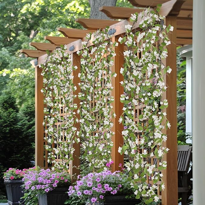 Artificial Bougainvillea Flowers Garland White Silk Bougainvillea Vines UV Resistant Realistic Faux Hanging Flowers Plants for Outdoor Outside Summer Decoration Porch Patio Balcony Yard Wall