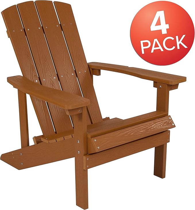 Flash Furniture Charlestown Poly Resin Adirondack Chair - Teak - All Weather - Indoor/Outdoor - Set of 4
