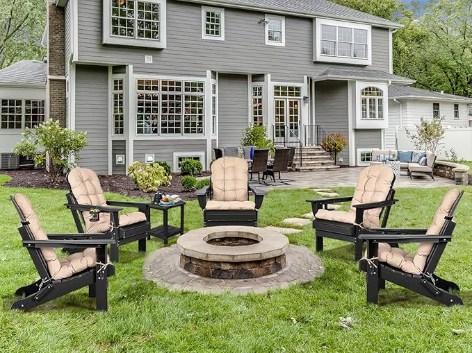 nalone Folding Adirondack Chairs Set of 2 with Cushions and Cup Holder, HDPE Plastic Oversized Patio Chair Weather Resistant, Used in Outdoor, Fire Pit, Deck, Garden, Campfire Chairs (Black)