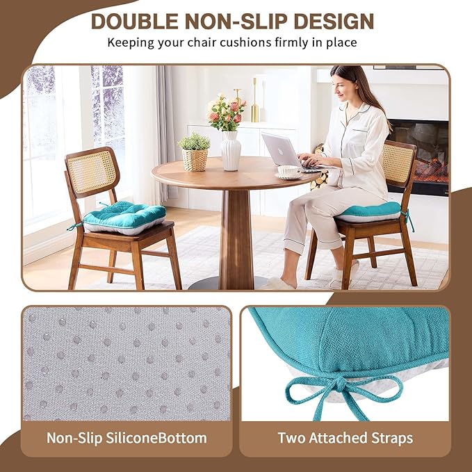 BETU Chair Cushions for Dining Chairs Set of 6,3.5" Thick Kitchen Table Chair Pads with Ties,Non Slip Backing and Covers, Seat Cushion for Dining Room,Bar,Patio Chairs,16"X16"X3.5",Teal