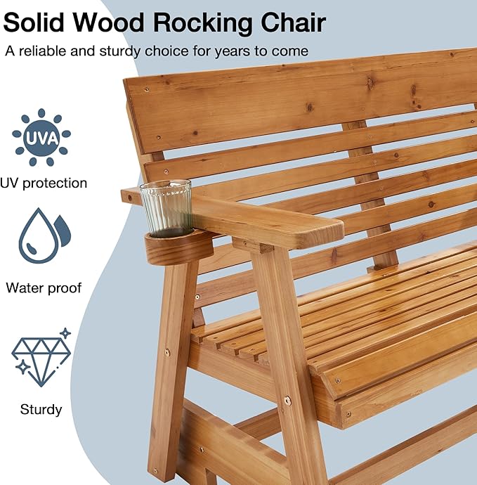 HOMREST Wooden Patio Glider Bench with Cup Holders, Heavy Duty 900LBS Outdoor Loveseat Glider with Ergonomic Deep Contoured Seat and High Roll Back for Garden Porch Balcony (4Ft 2-Seater, Brown)