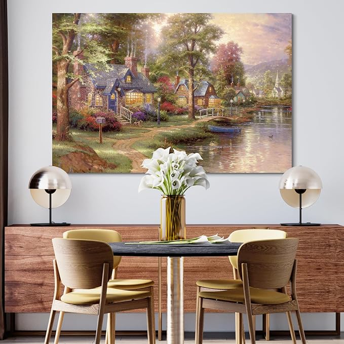 STUDIO HAVEN Thomas Kinkade Canvas Wall Art, River Cottage Stone Homes Wooden Bridge Boat and Ducks Flower-Lined Path Oil Painting Poster Rustic Wall Decor, Framed Prints for Home Decor, 28x20Inch