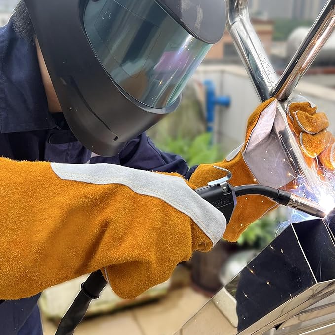 14" Leather Welding Gloves, Fire and Heat Resistant Long Sleeve Welding Gloves, For Mig, Gas, BBQ, Oven, Grill, Fireplace, Baking Mitts, Fireplace, Animal Training, Animal Handling