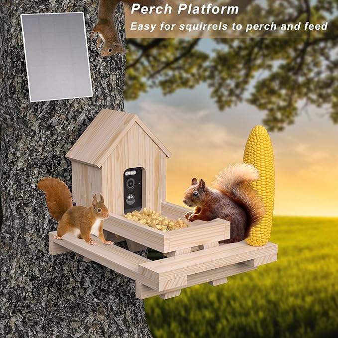 Wooden Squirrel Feeder with Camera Solar Powered, Smart Squirrel Picnic Table Feeder with Corn Cob Holder, Squirrel Feeders for Outside Backyard for 2.4g WiFi Coverage Area