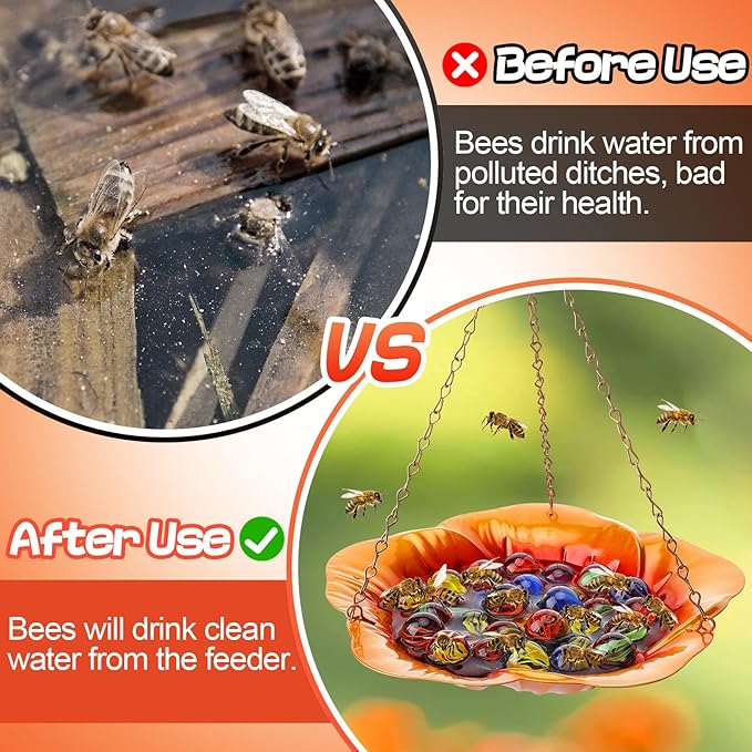 Bee Feeder with Vivid Hibiscus Design - Anti-Rust Iron Bee Watering Station for Feeding, Colorful Butterfly Bath Bowl Bee Cups with 30 Glass Marbles for Outdoor Yard Garden Decor Gifts (Orange)