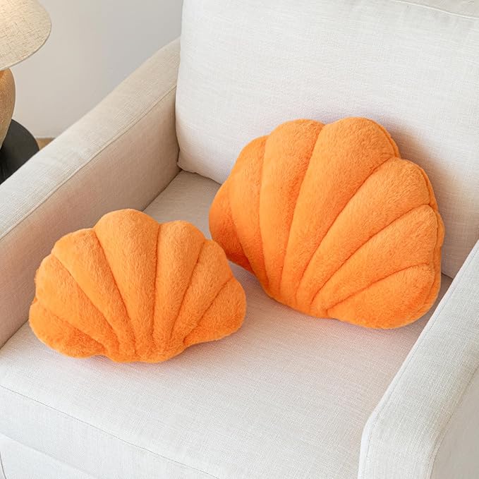 Shell Pillow, Seashell Throw Pillow with Soft Rabbit Plush for Couch Bed, Shell Shaped Decorative Ocean Pillow Stylish Beach Cushion Room Aesthetic Home Decor (Orange, 14 X 11 Inches)