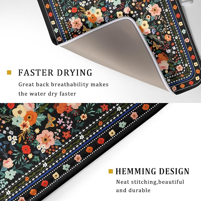 Floral Microfiber Dish Drying Mat Large Absorbent Dish Drainer Rack Pad for Kitchen Counter