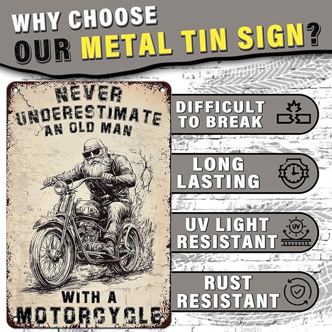 PEACHGARDEN Motorcycle Metal Tin Sign Never Underestimate An Old Man With A Motorcycle Vintage Tin Sign Metal Motorcycle Art Wall Decor Retro Motorcycle Poster Man Cave Motorcycle Metal Tin Sign 8x12inch