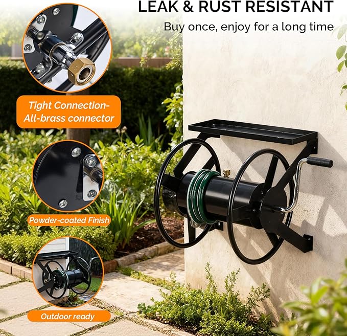 VINGLI Garden Hose Reel, Wall Mount Water Hose Reel for Garden Outside with Heavy Duty Space Saving Rolling Design Metal, 175FT Capacity for 3/4" Hose for Outdoor Use (Black)