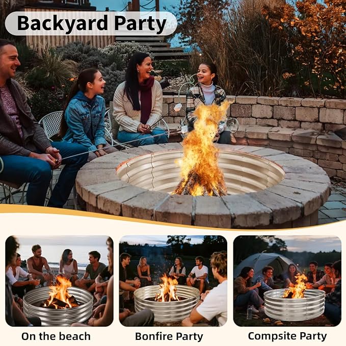 48 Inch Round Galvanized Fire Pit Ring, Durable Steel Bonfire Ring for Backyard, Patio & Camping, Weatherproof & Quick Setup (4×4×1 FT)
