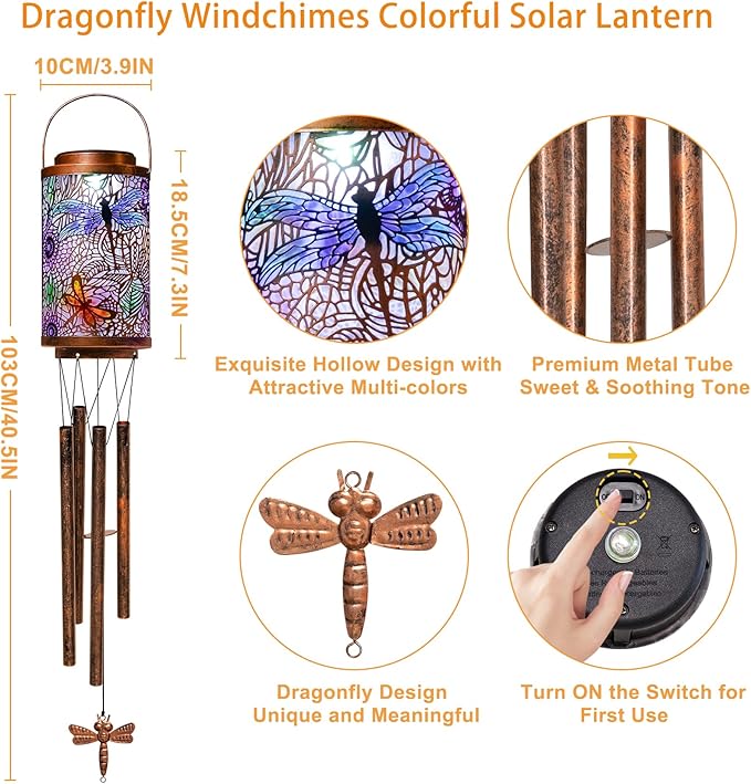 Dragonfly Solar Lights Wind Chimes for Outside, Garden Gifts for Mom Dad Solar Outdoor Lantern Metal Hanging Lights for Garden, Patio, Yard Decor, Mothers Day Birthday Gifts for Women (1Pack)