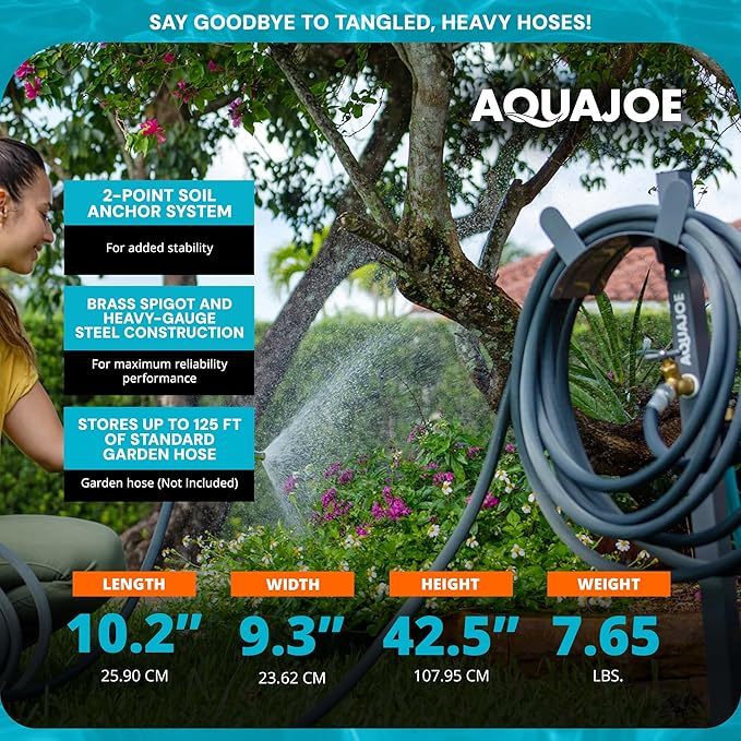 Aqua Joe Steel Garden Hose Stand with Brass Faucet and Quick-Install Anchor Base - Heavy-Duty Freestanding Holder for Outdoor Lawn, Yard & Garden Hose Storage, SJ-SHSBB-GRY