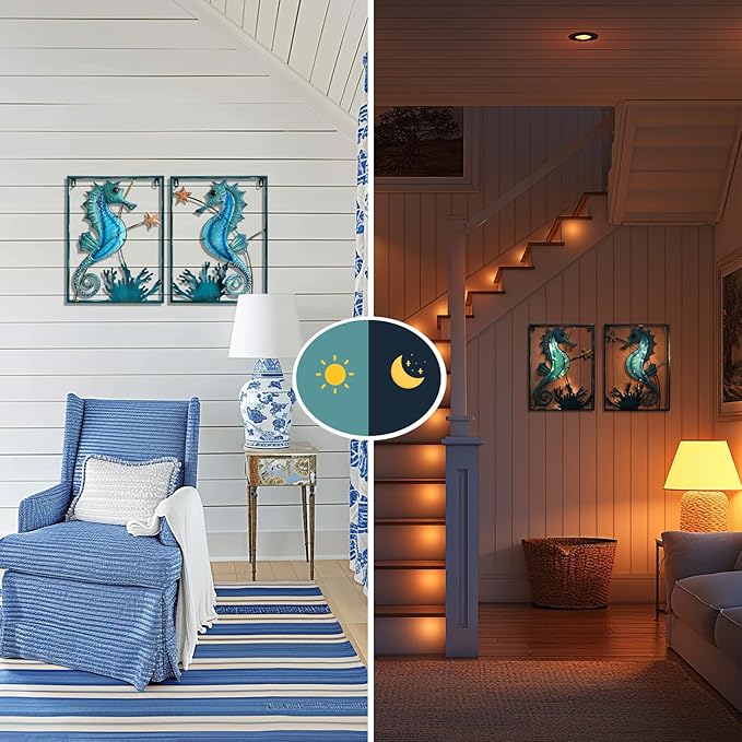 LIFFY Metal Wall Art Seahorse with Frame 13 LED lights,Beach Decor Fish Glass Sculpture Coastal Wall Hanging Ocean Theme Nautical Outdoor Decor for Patio,Garden,Yard,Pool,home gift(2pcs, Blue)